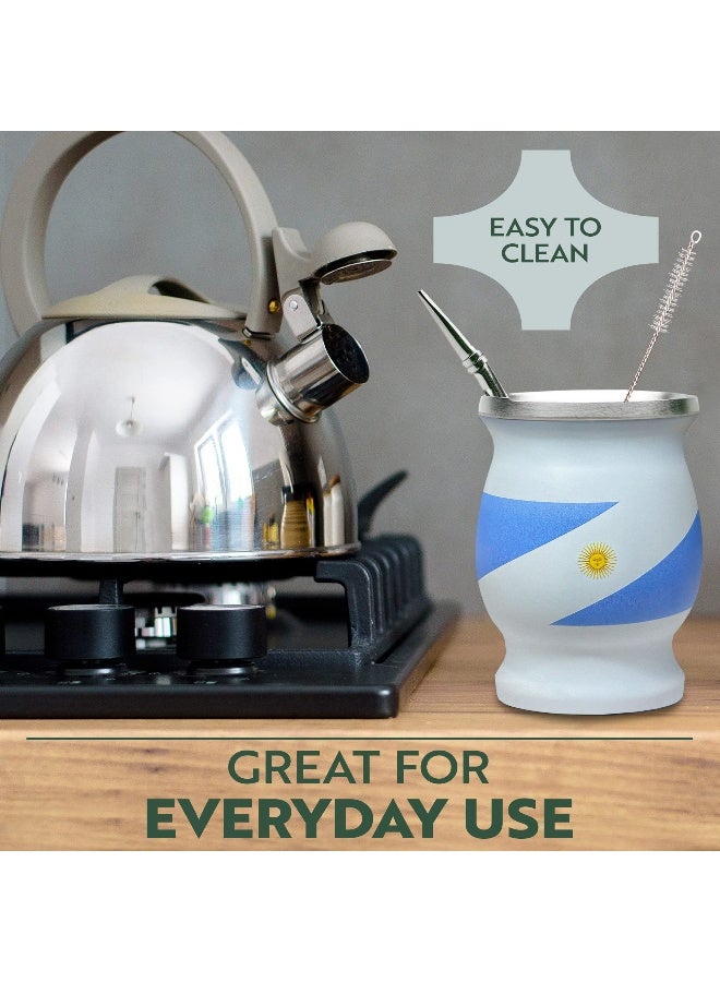Norte Group Norte Yerba Mate Cup Set - Stainless Steel Blue & White Insulated 8 oz Cup/Gourd with 2 Bombillas & Cleaning Brush - Traditional Yerba Mate Kit for Tea Drinkers, Travel & Everyday Use - Image 4